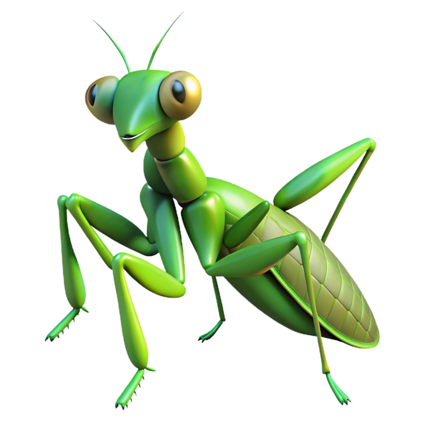 a green praying mantis on white background