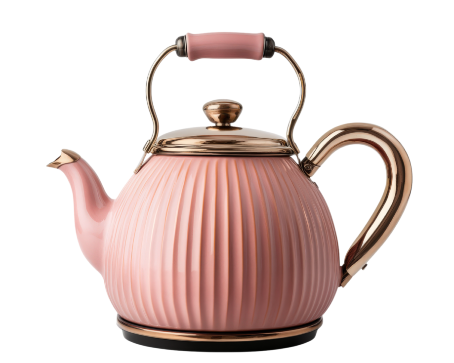 a pink tea kettle on a white background