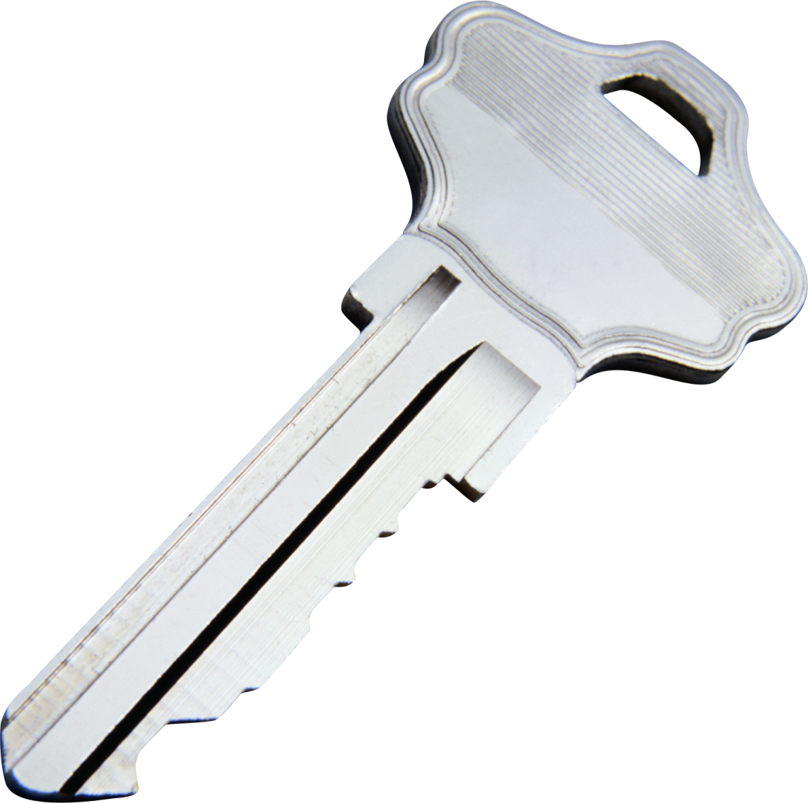 a silver key on a white background