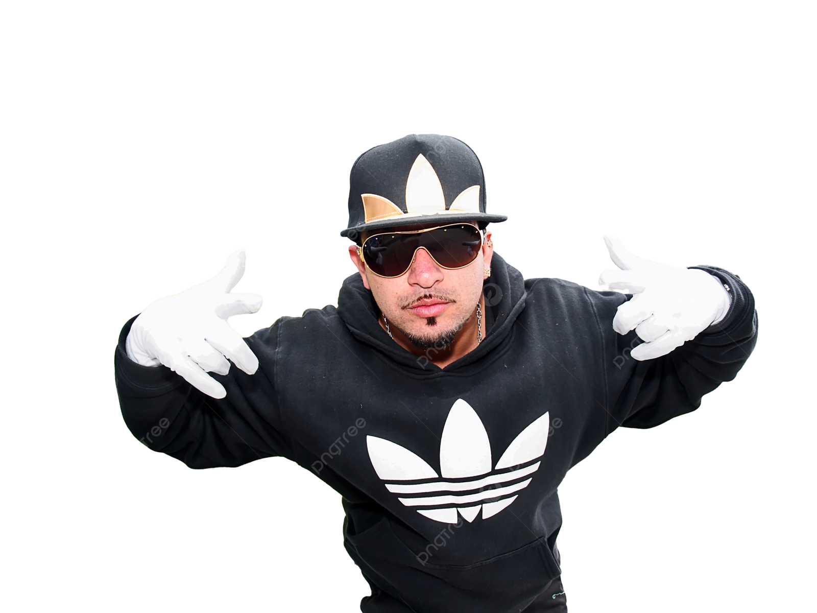a man in a black hoodie and white gloves