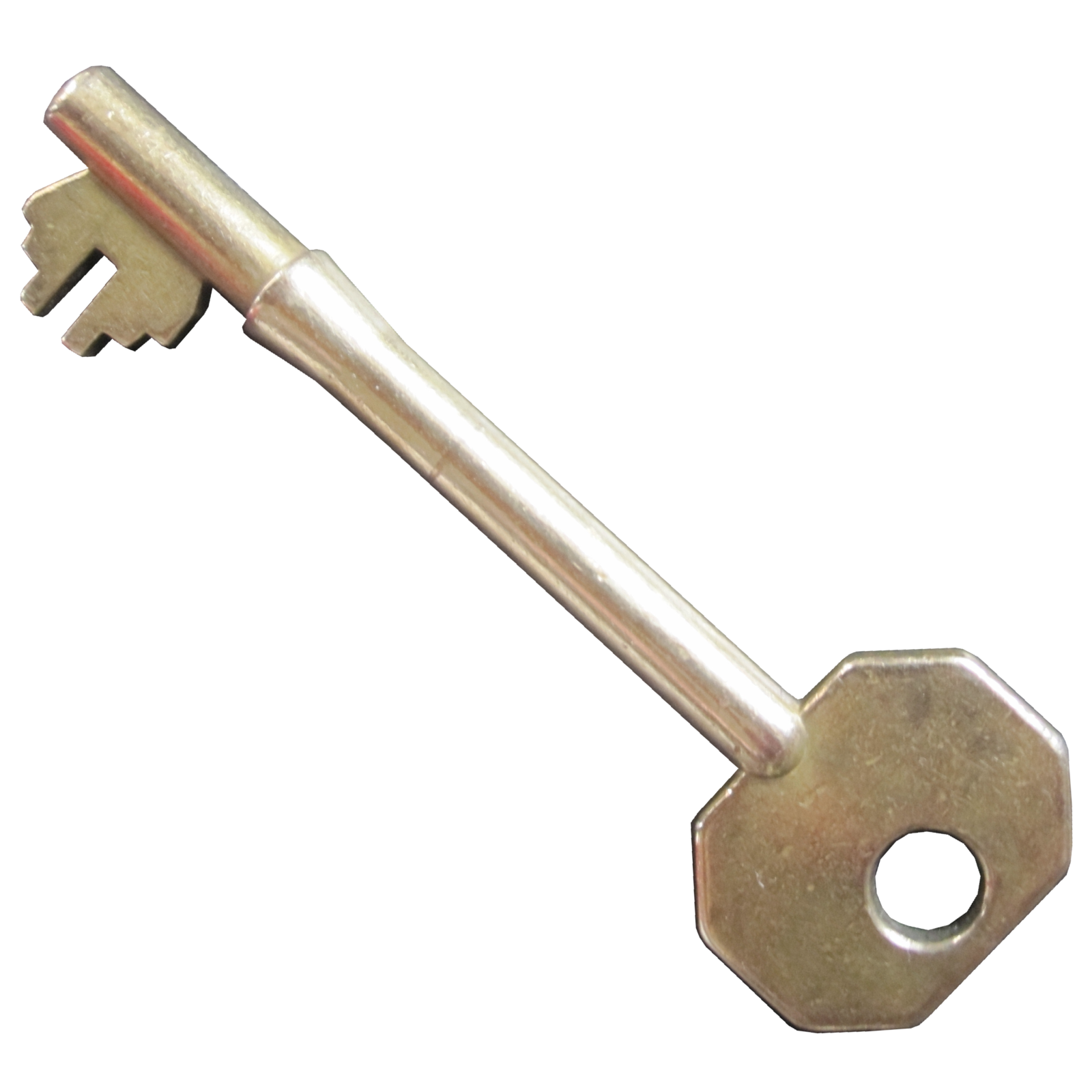 a metal key on a white background