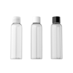 a set of three clear bottles with black caps