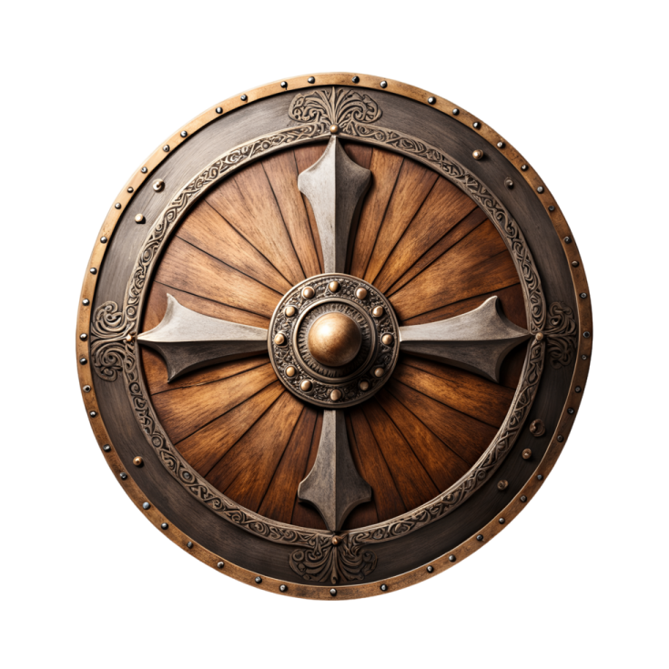 a close up of a wooden and metal shield