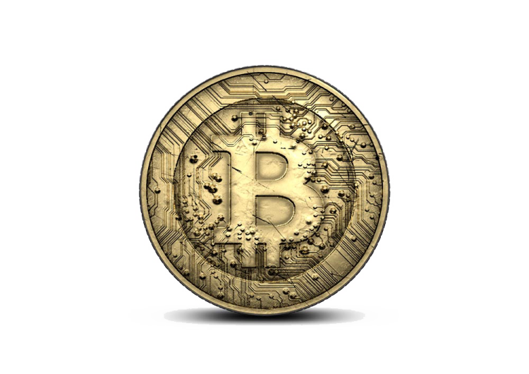 a gold bit coin on a white background