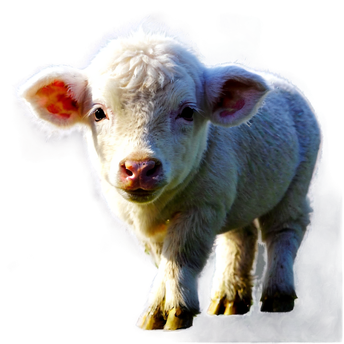 a small white cow standing in the snow