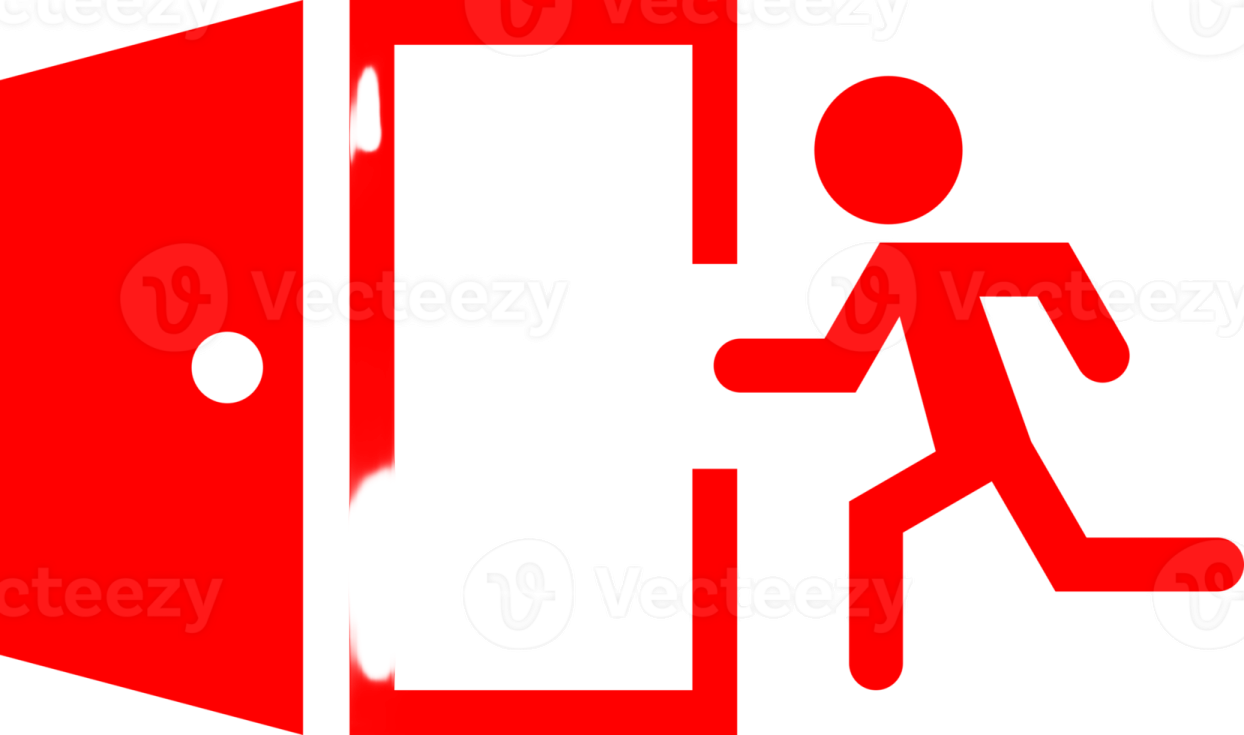 a red emergency door with a man running out of it