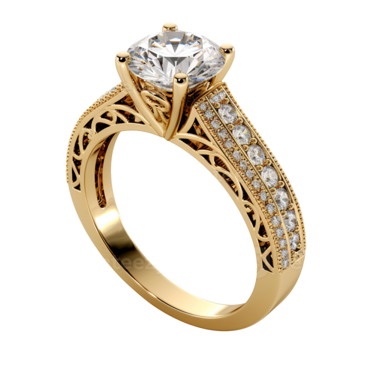 a yellow gold engagement ring with diamonds