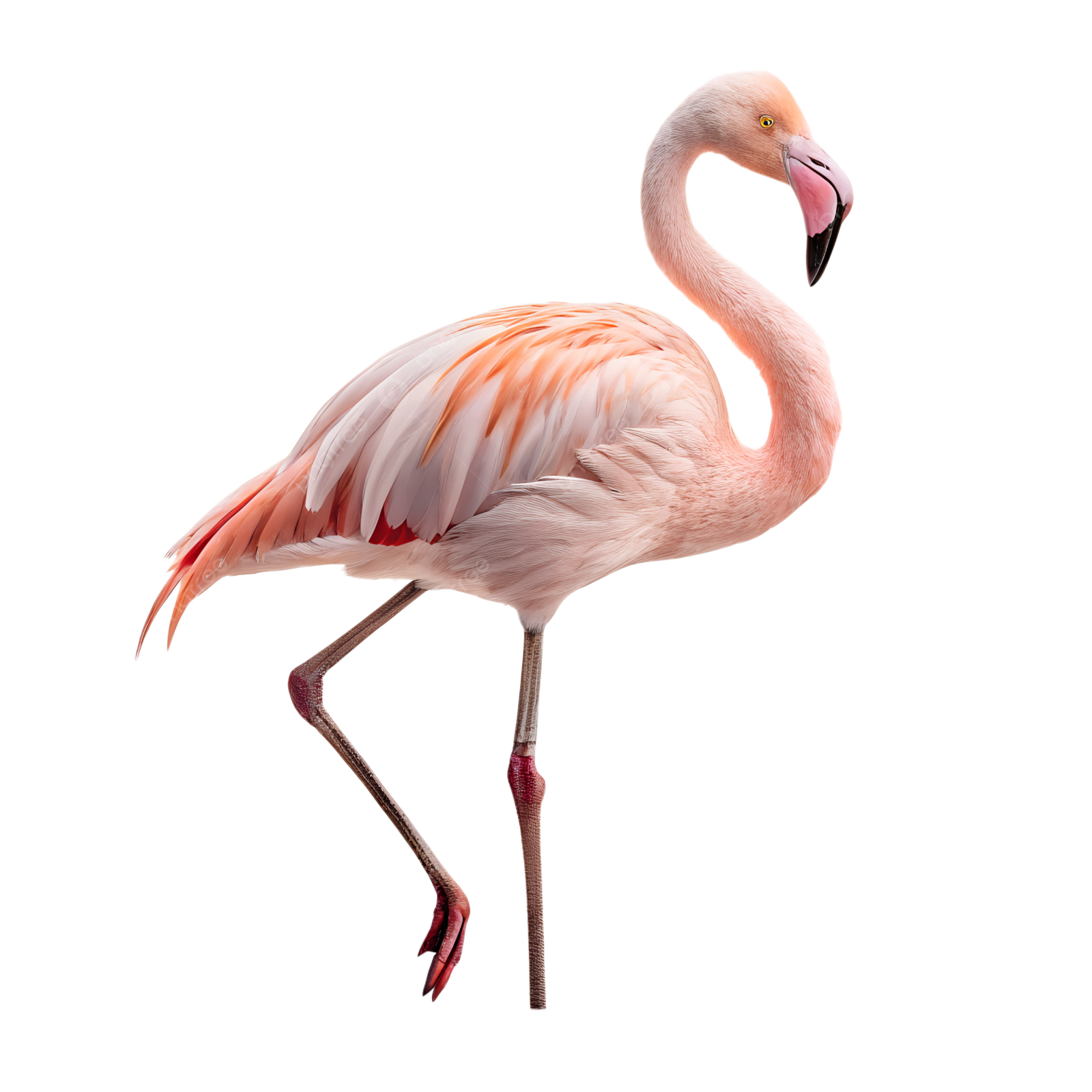 a pink flaming standing in front of a white background