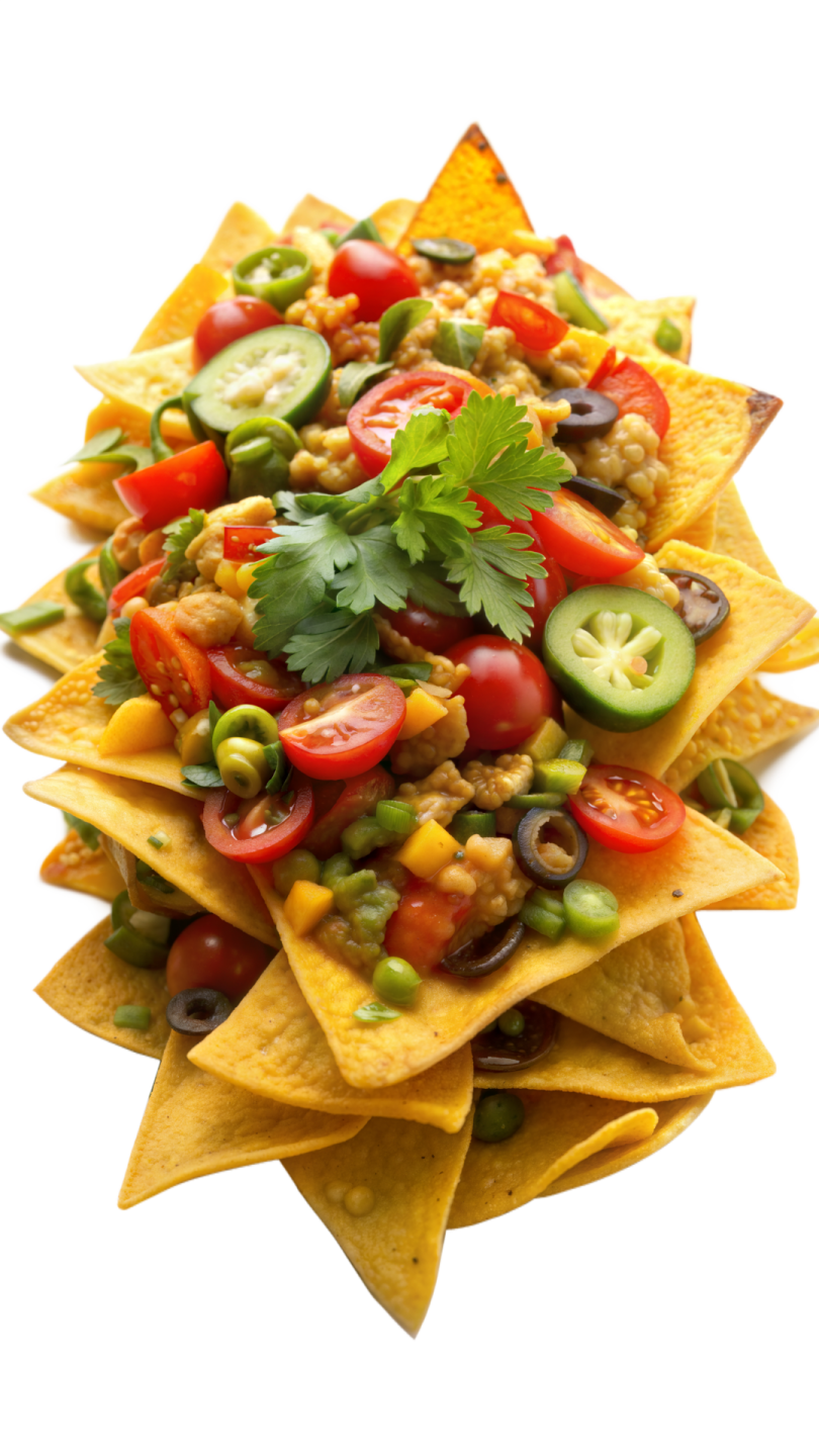 a plate of nachoa chips with tomatoes and avocas