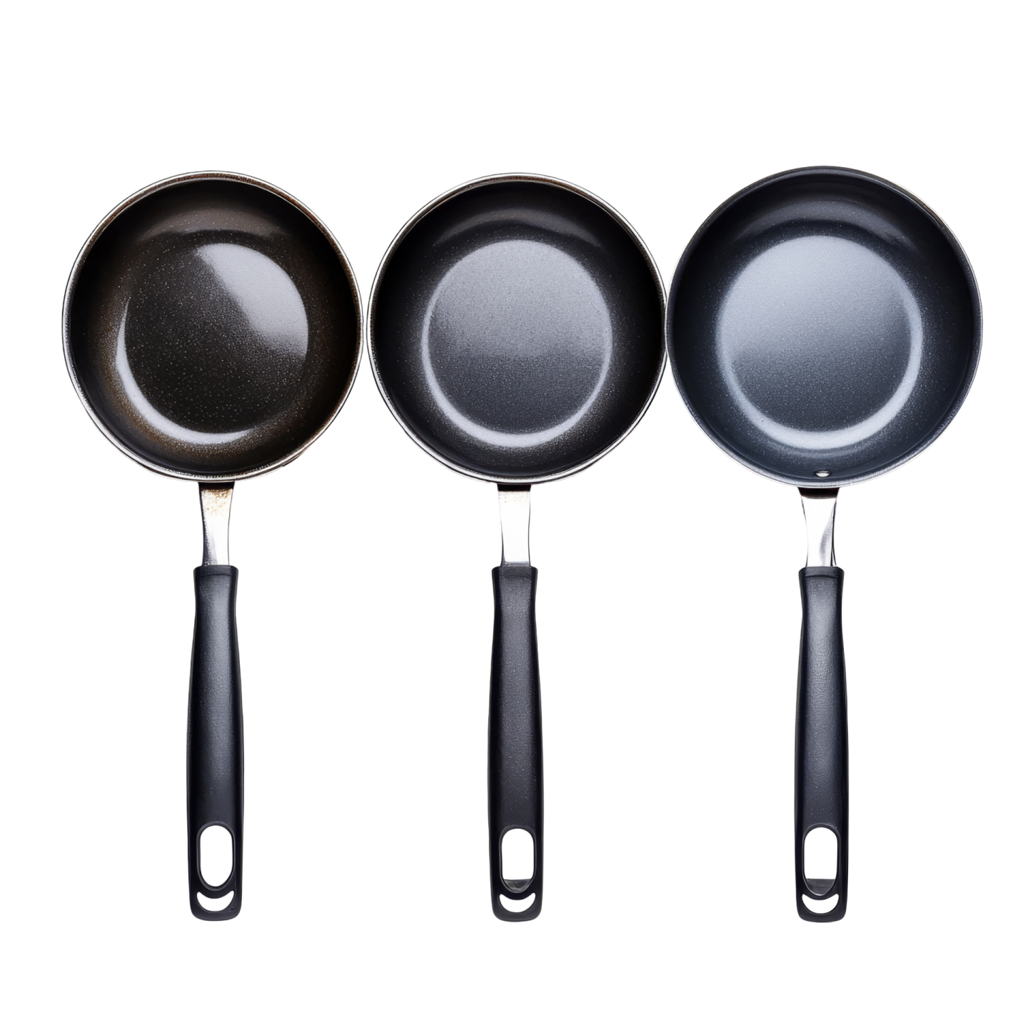 three frying pans on a white background
