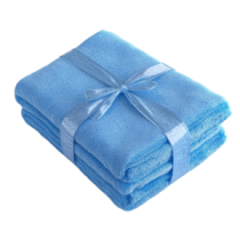 a stack of blue towels with a bow