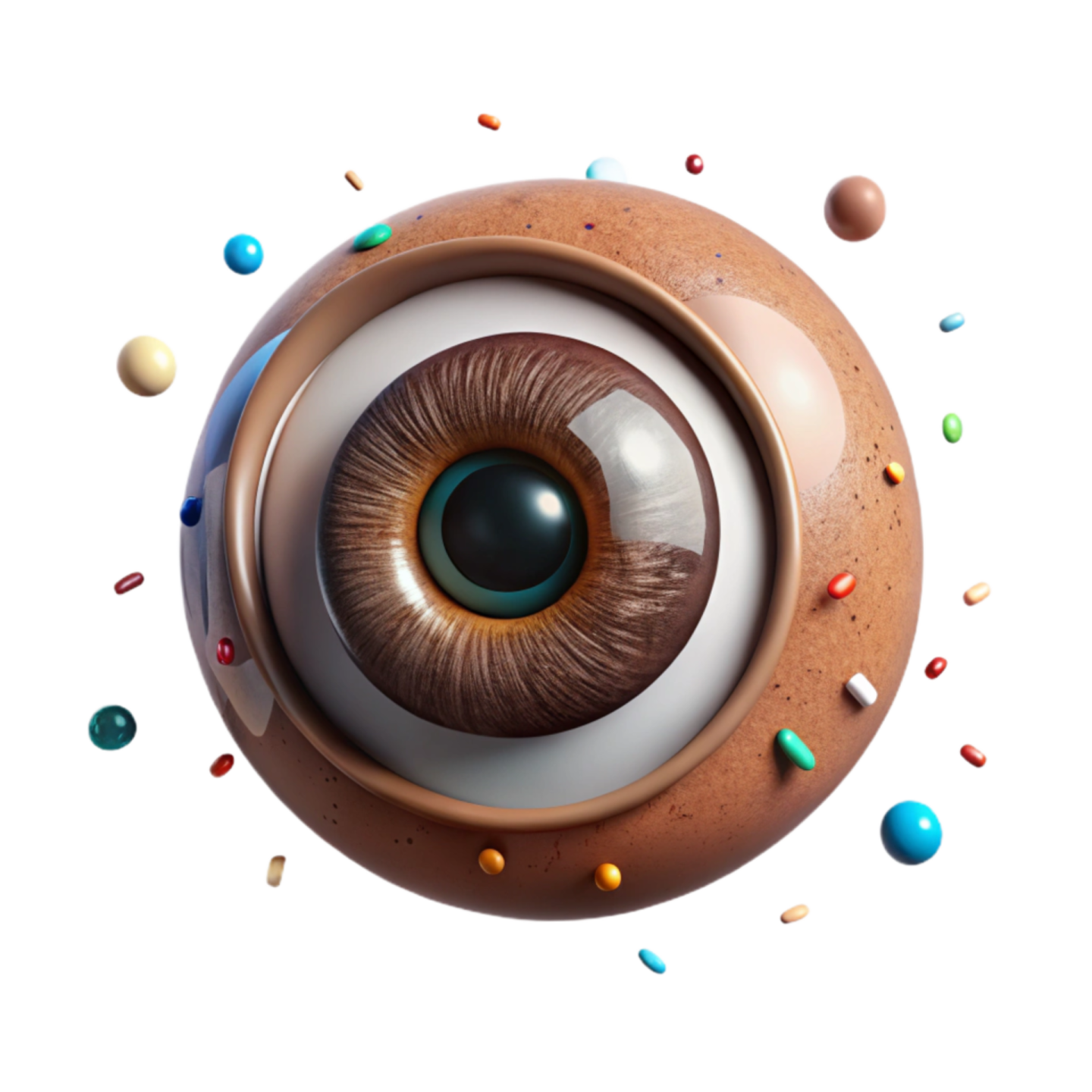 a close up of an eye with many candys around it