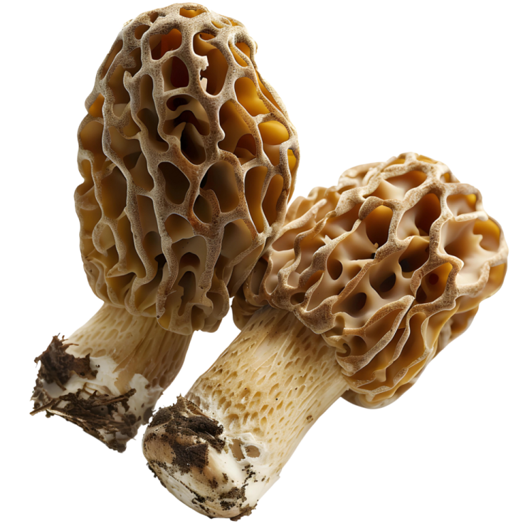 a close up of two mushrooms on a white background