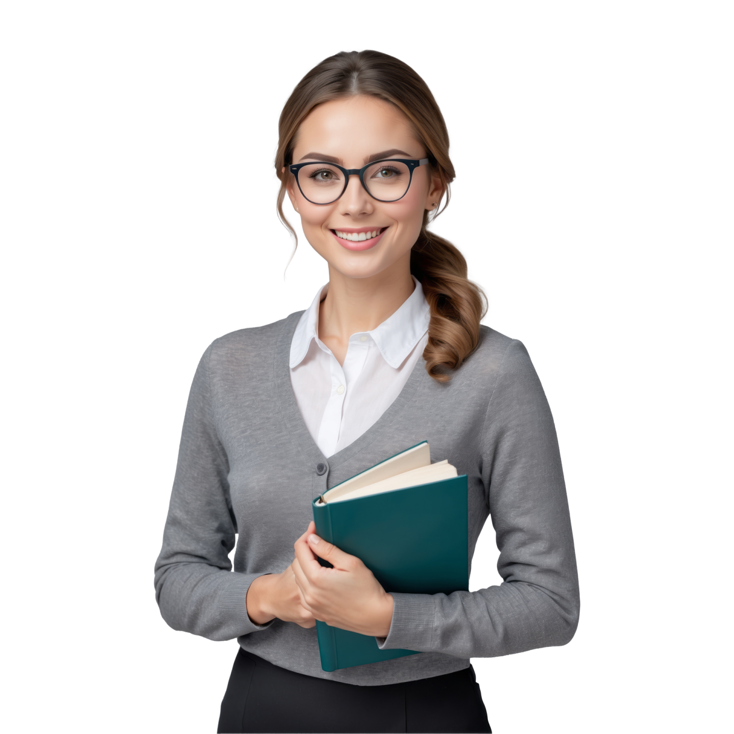 a woman in glasses holding a book and smiling