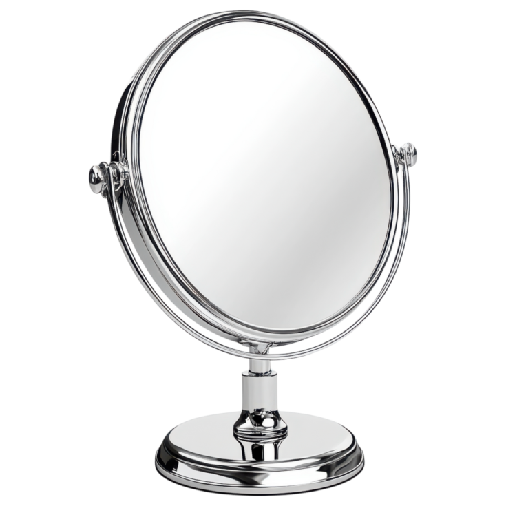 a round mirror on top of a stand