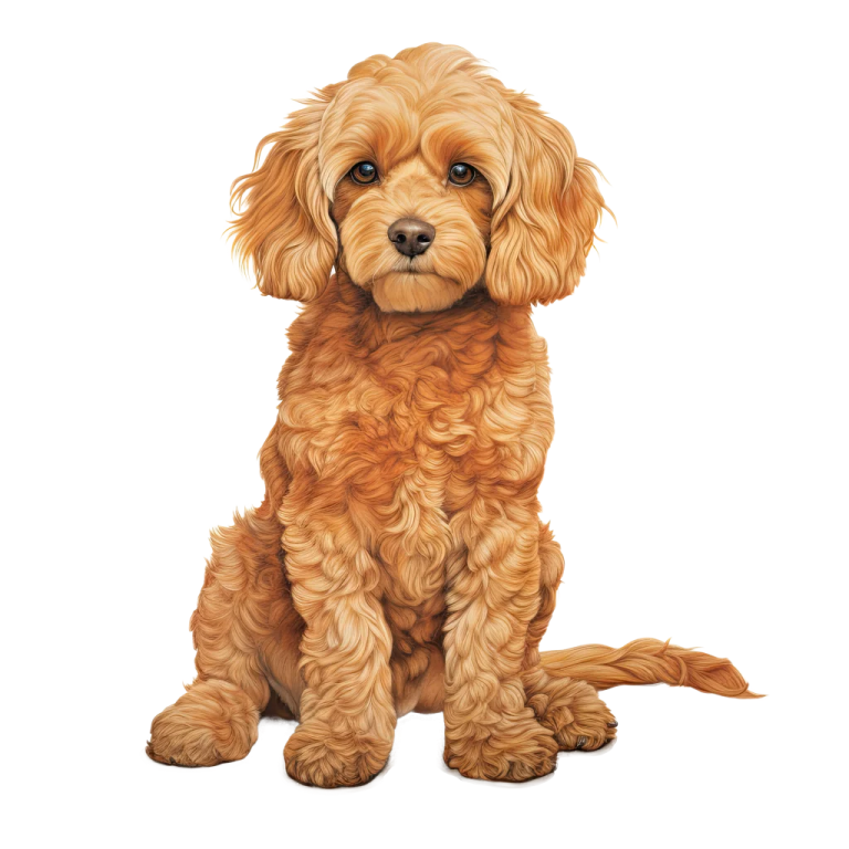 a small brown dog sitting down on a white background