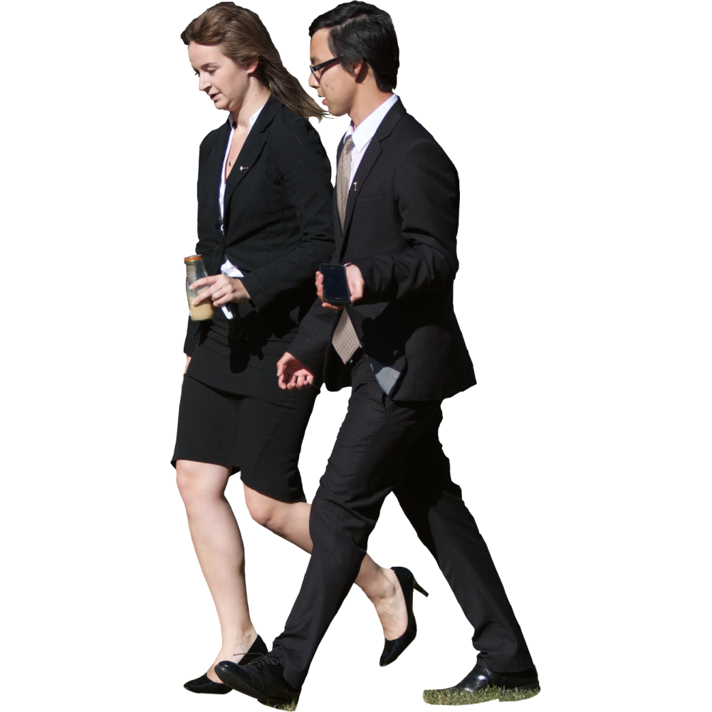 a man and woman in business attire walking