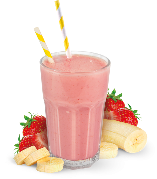 a glass filled with fruit and a straw
