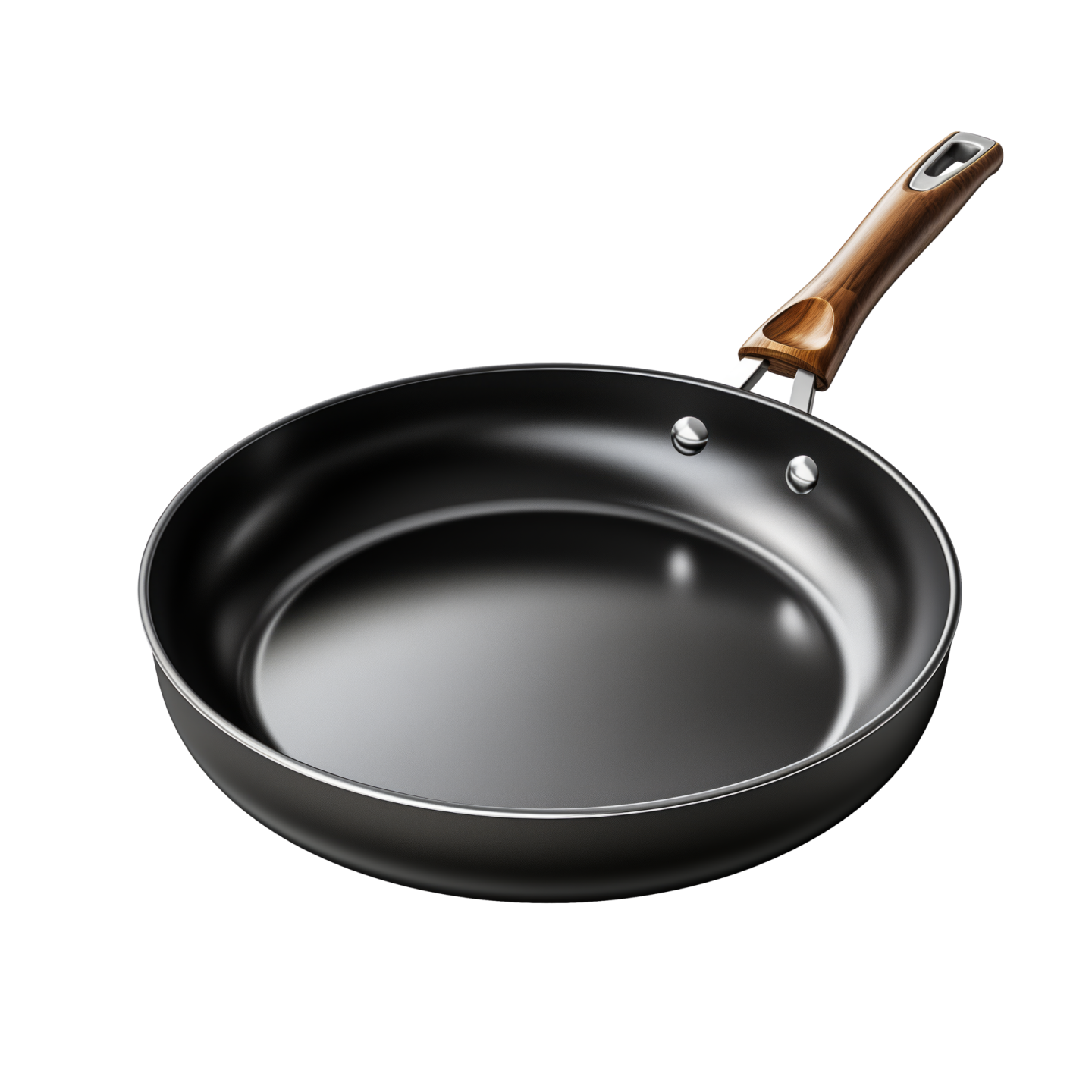 an empty frying pan with a wooden handle