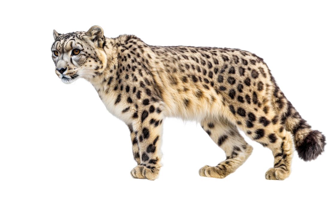 a snow leopard in front of a white background