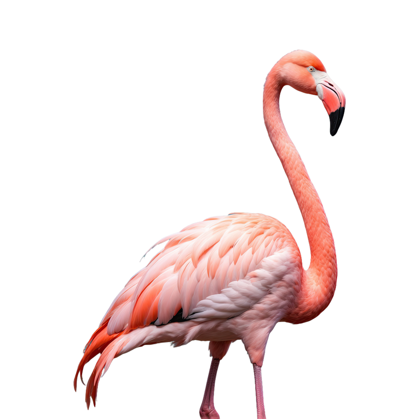a pink flaming standing in front of a white background