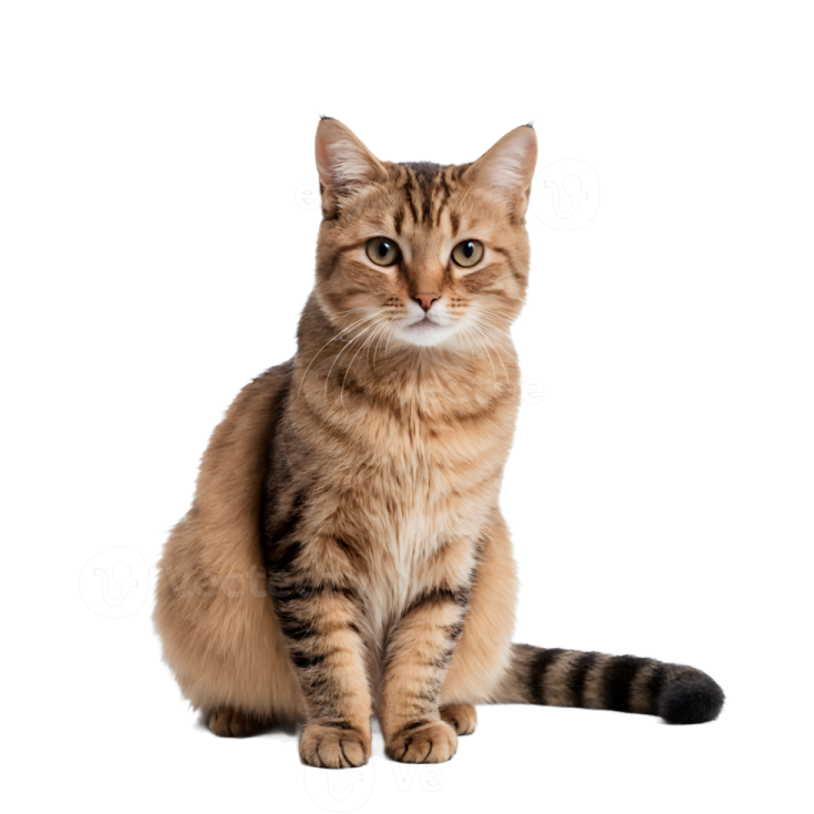 a brown and black cat sitting on a white background