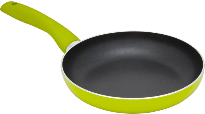 a frying pan with a green handle