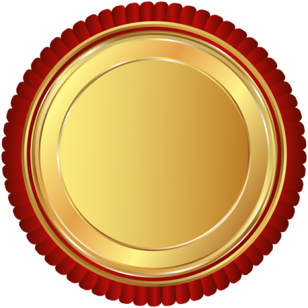 a gold medal with red ribbon around it