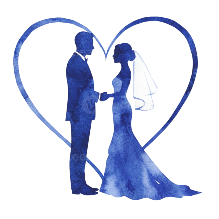 a watercolor silhouette of a bride and groom in a heart shape