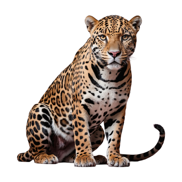 a leopard sitting down on a white background