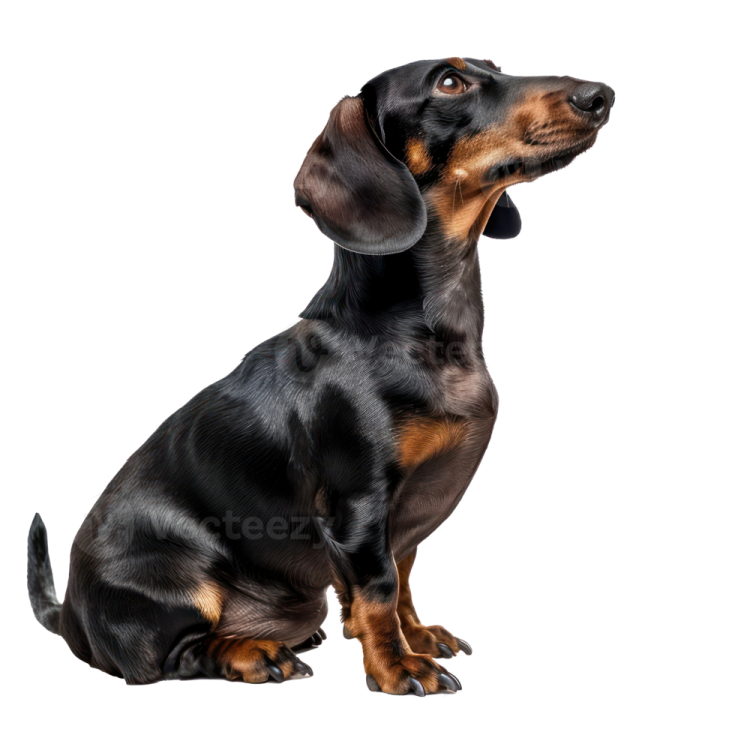 a black and brown dog sitting down looking up