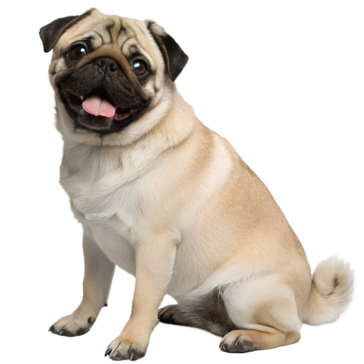 a pug sitting down with its tongue out