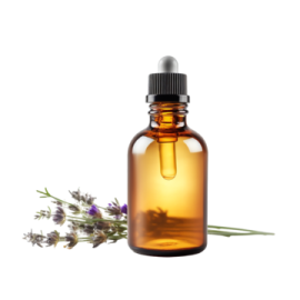 a bottle of lavender essential oil next to a flower