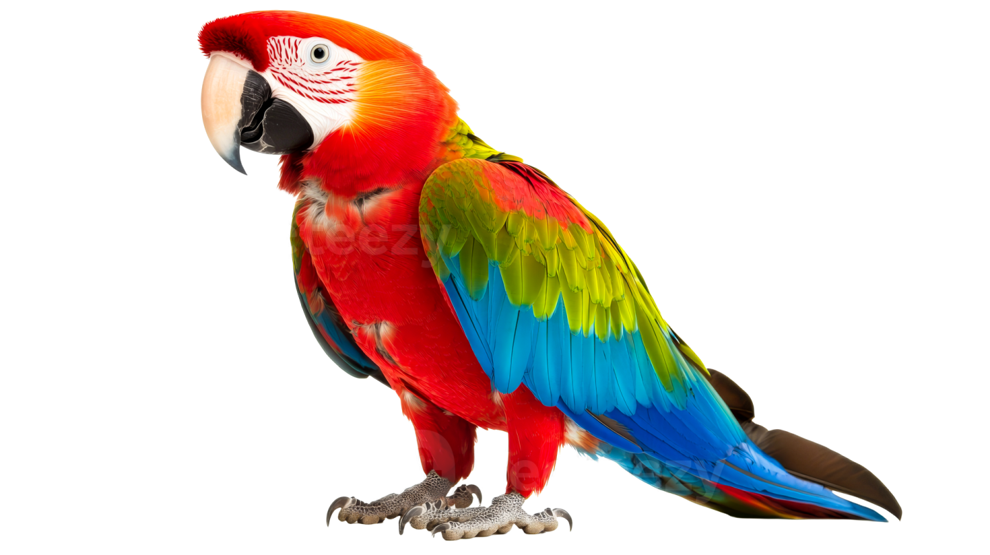 a red and green parrot perched on a white background