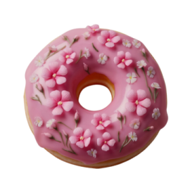 a pink donut with white flowers on it