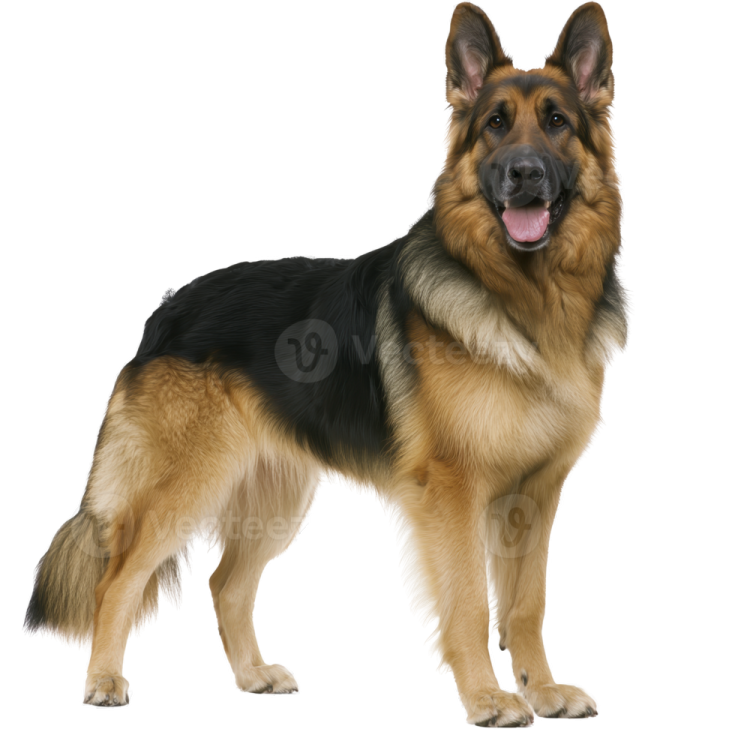 a german shepherd dog standing in front of white background