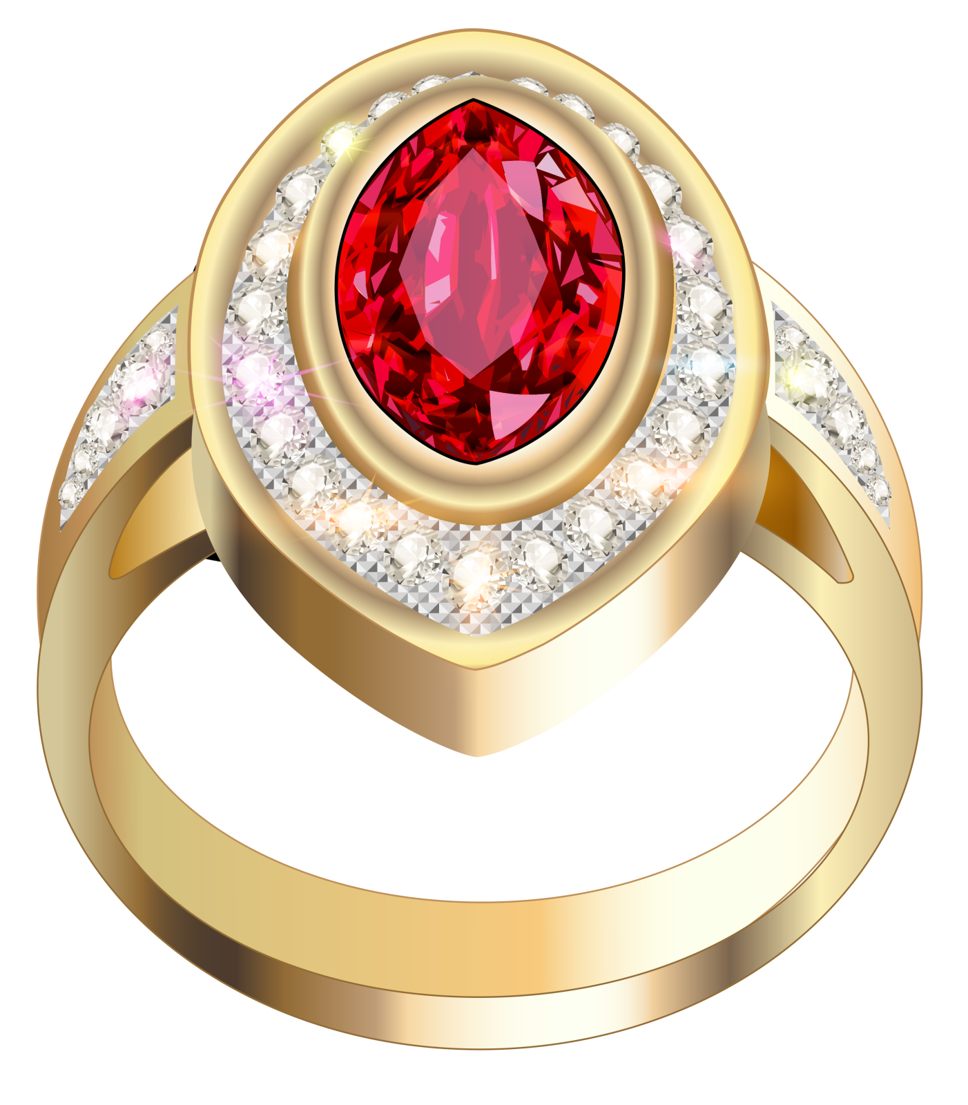 a gold ring with a red stone surrounded by diamonds