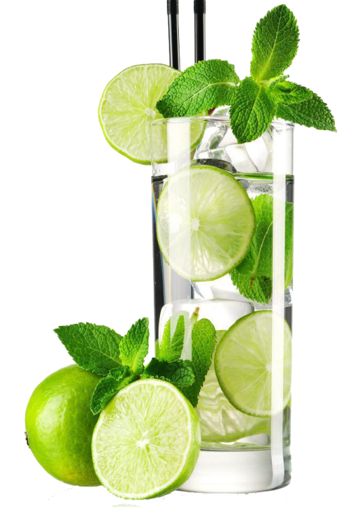 a glass of water with lime and mint