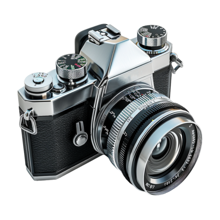 a silver camera on a white background