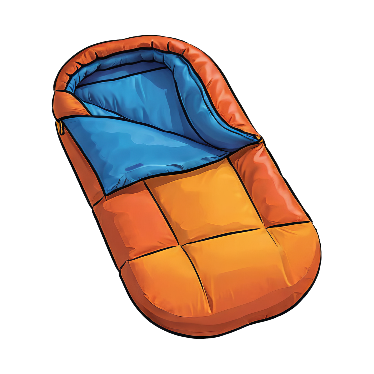 an orange and blue sleeping bag