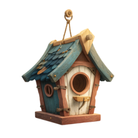 a wooden bird house with a blue roof