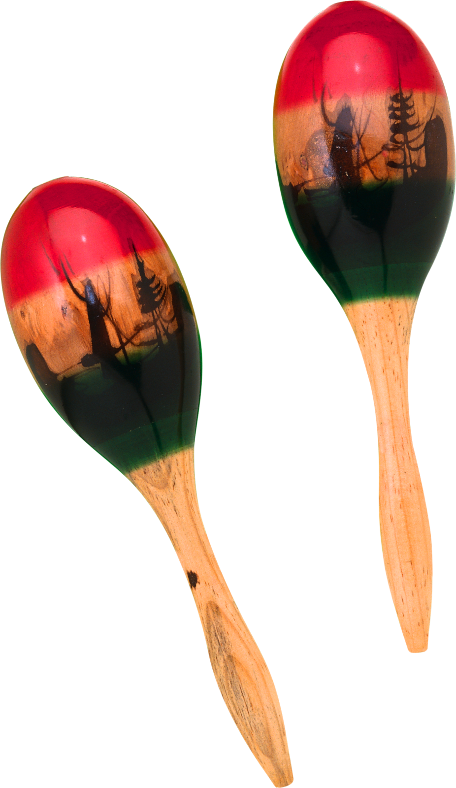 two wooden spoons with painted designs on them