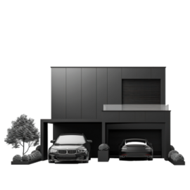 a black car parked in front of a house