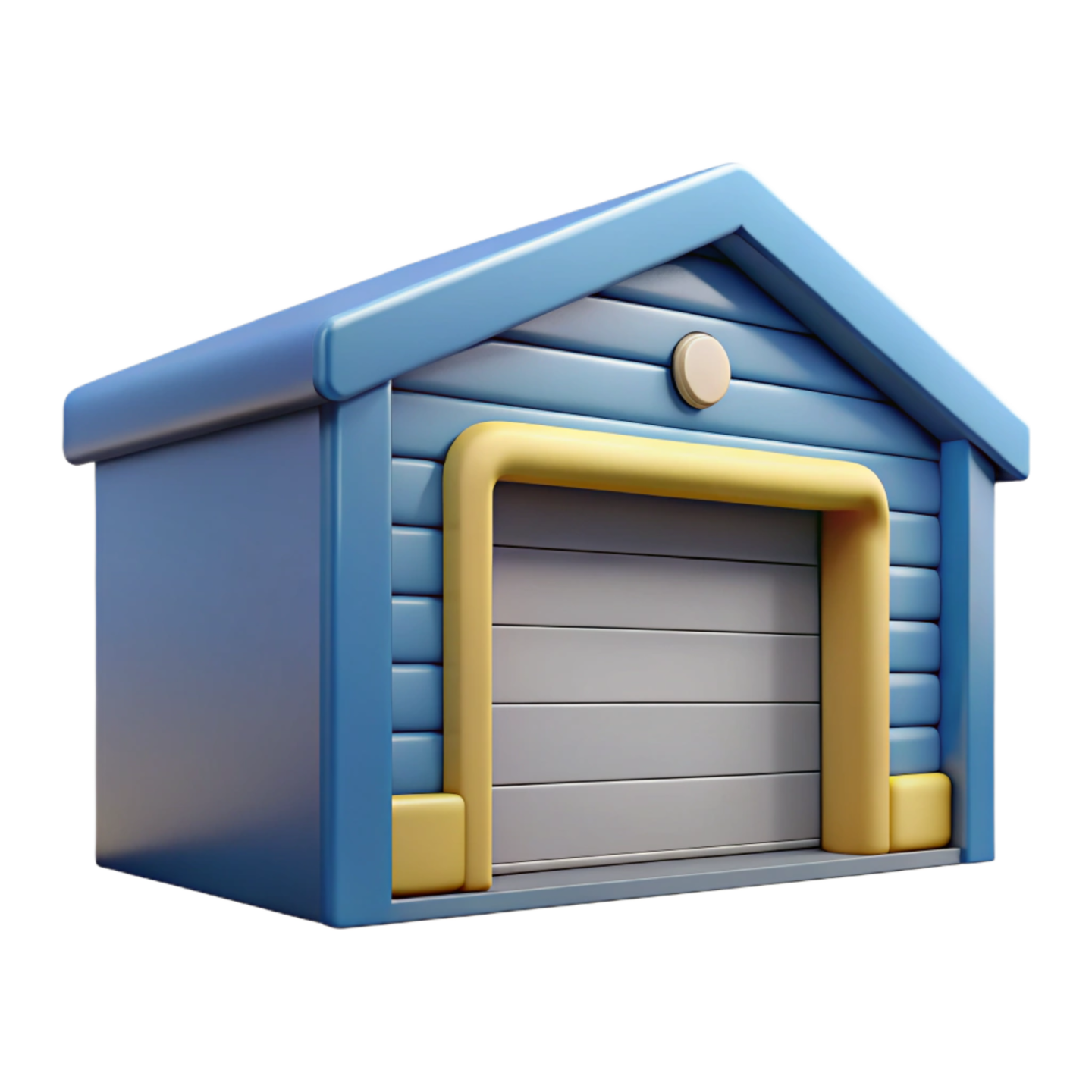a blue dog house with a yellow door