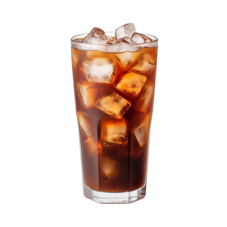 a tall glass filled with ice and cola