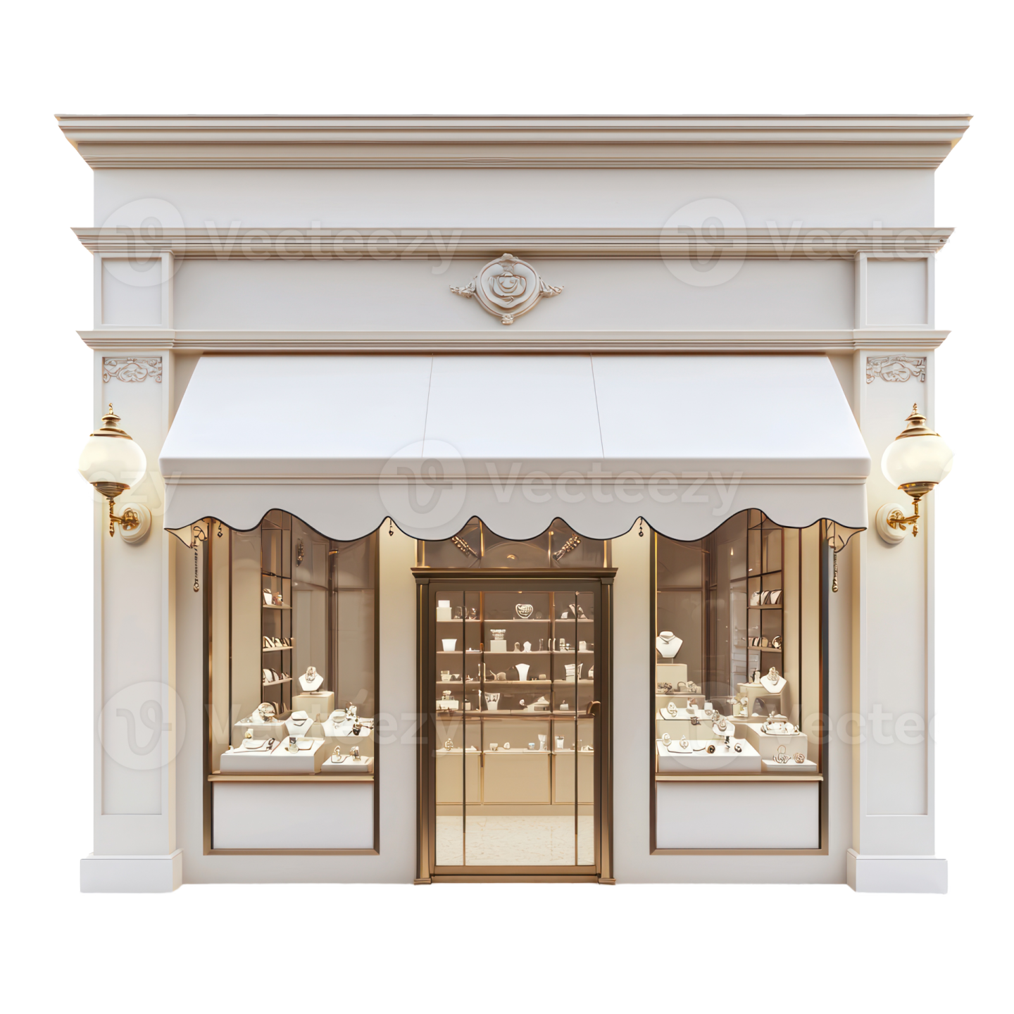 a white and gold storefront with glass windows