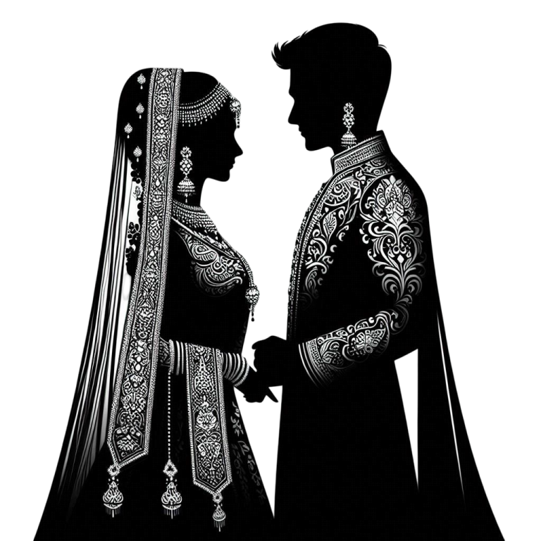 black and white silhouette of a bride and groom