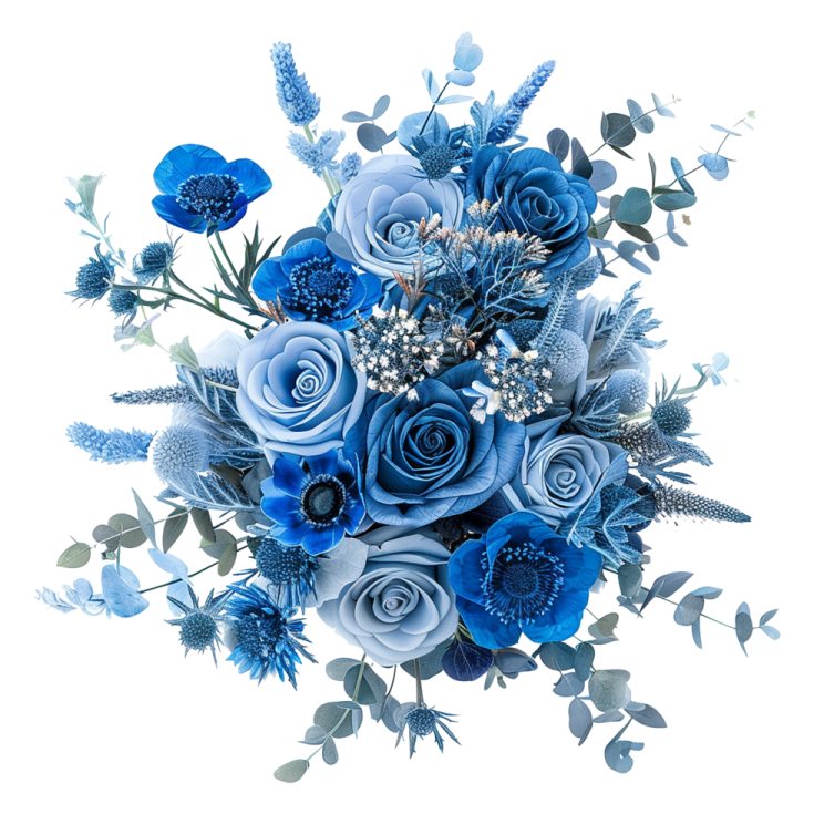 a bouquet of blue flowers and leaves