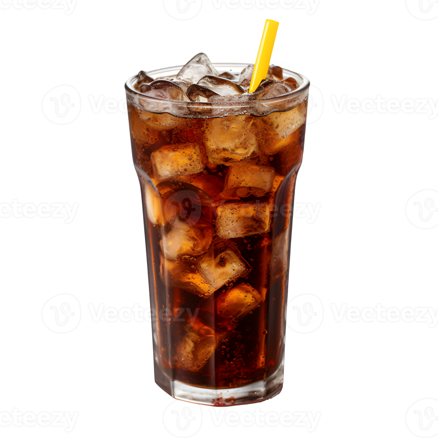 a glass of cola with ice on a white background