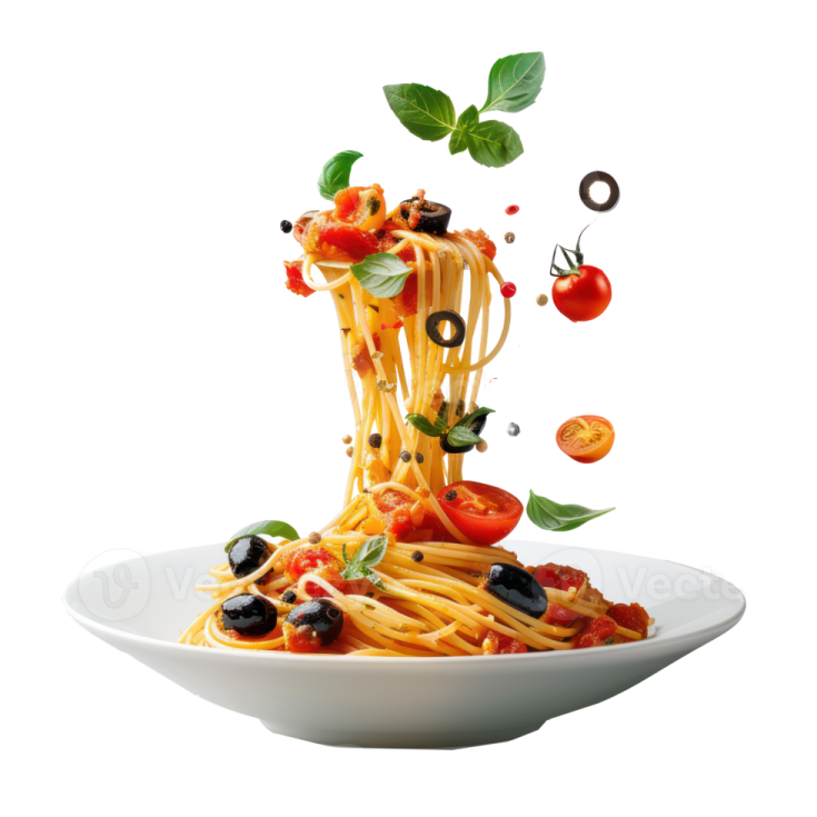 a plate of spaghetti with tomatoes and olives